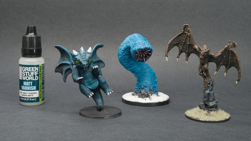 Green Stuff Word Matt Varnish on Reaper Miniatures Flying Rocky, Great Worm, Werebat
